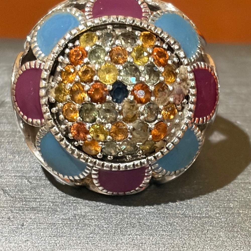 Sima K Multicolor Enamel Floral Dome Ring with Blue Center Stone